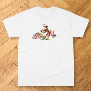 White-Curious George Monkey Cooking Kitchen Cute Graphic Tee